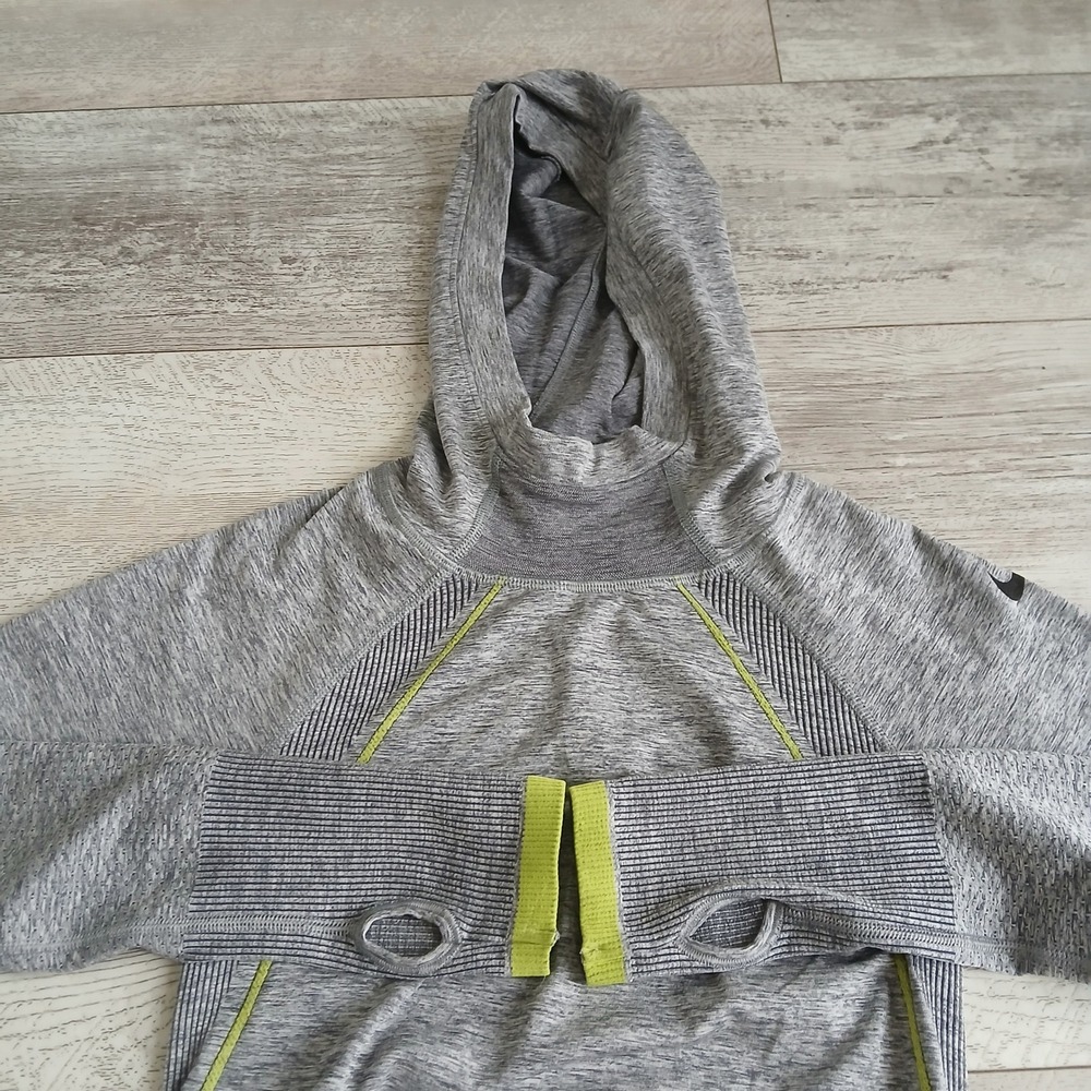 Nike Pro Therma FIT ADV TechKnit Hoodie Gray Green Thumb Hole‎ Pullover Womens S